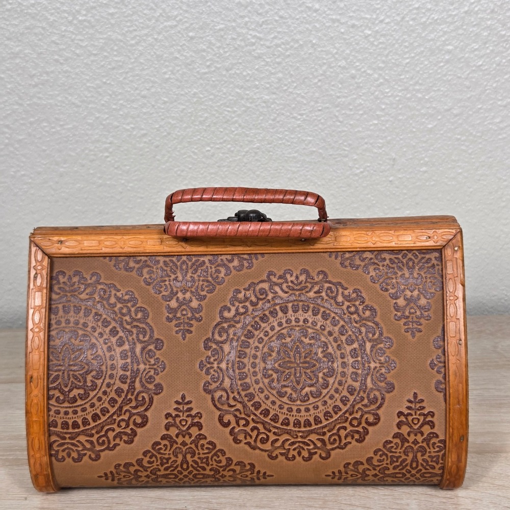 Vintage 1960s 70s Wooden Box Purse Damask Fabric Top Handle Handbag